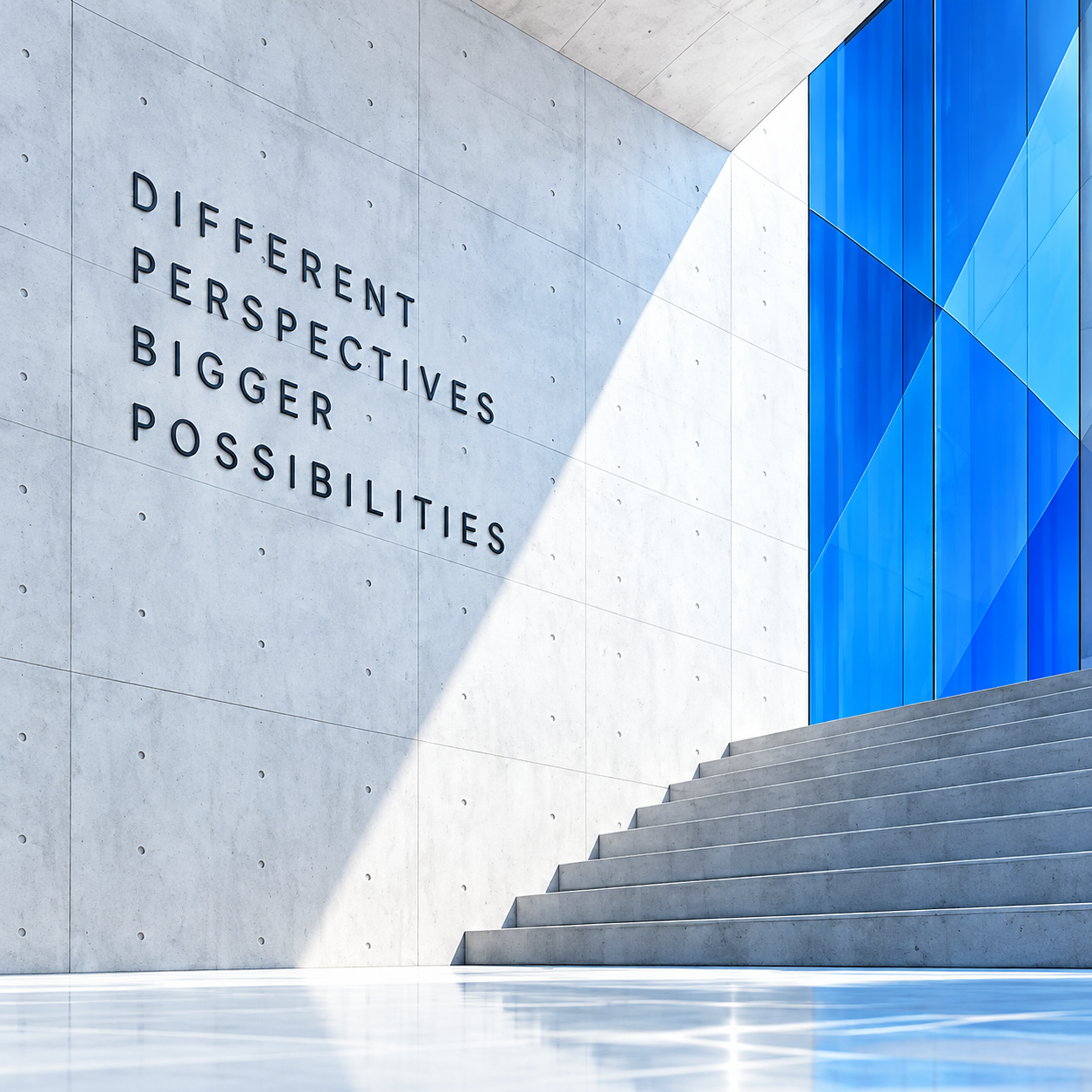 Blue glass architecture and a modern staircase